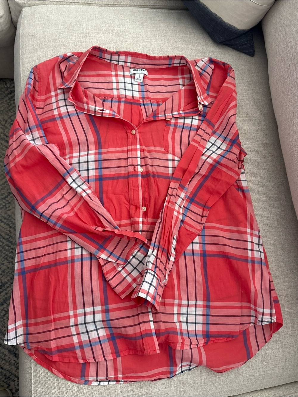 Old Navy Coral and White Plaid Button-Down Shirt
